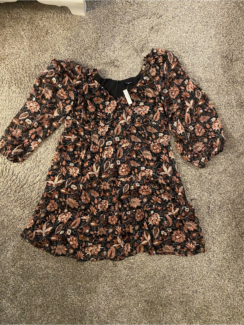 Madewell Black Floral Mini Dress with Rust and Cream Accents